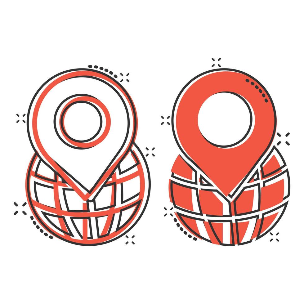 icono de navegación global en estilo cómico. globo pin gps dibujos animados vector ilustración sobre fondo blanco aislado. concepto de negocio de efecto de salpicadura de dirección del planeta.