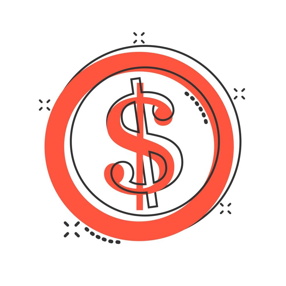 Coins stack icon in comic style. Dollar coin vector cartoon illustration pictogram. Money stacked business concept splash effect.