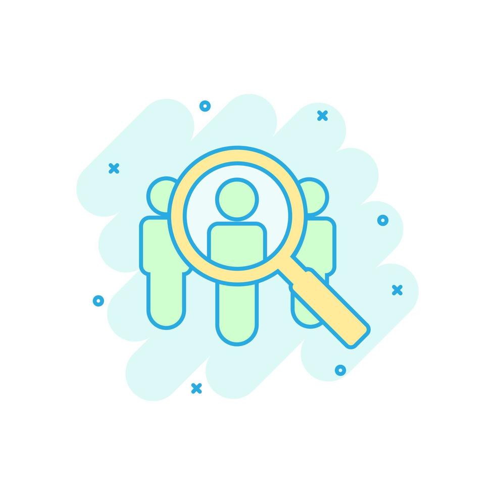 Search job vacancy icon in comic style. Loupe career vector cartoon illustration on white isolated background. Find people employer splash effect business concept.