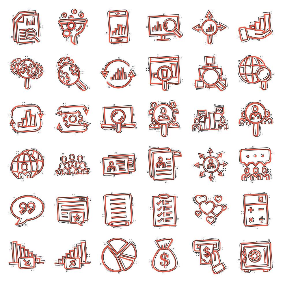 Global money icon set in comic style. Global information cartoon vector illustration on white isolated background. Finance data splash effect business concept.