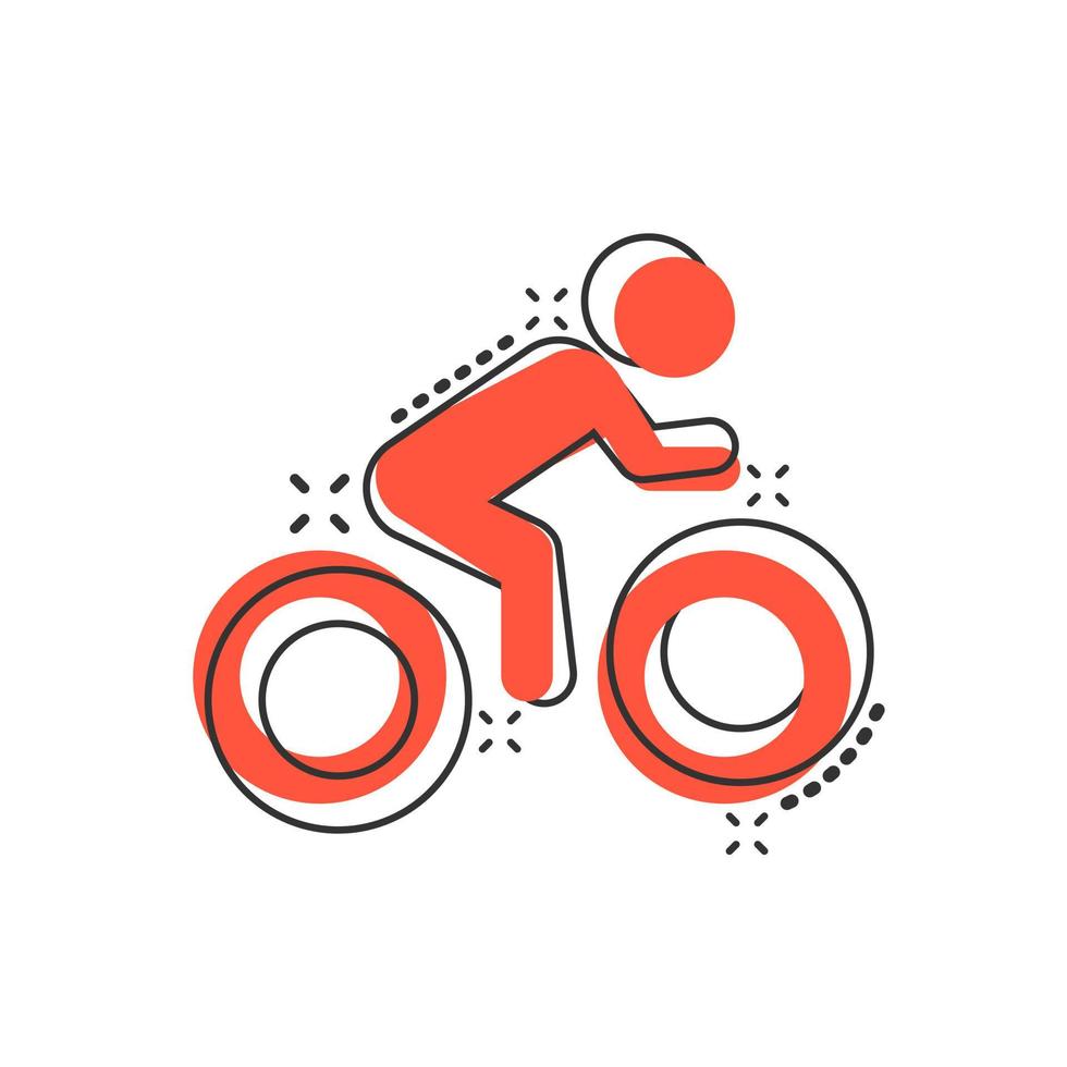 People on bicycle sign icon in comic style. Bike vector cartoon illustration on white isolated background. Men cycling business concept splash effect.