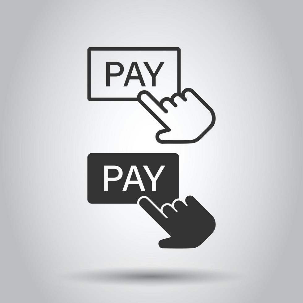 Pay shop icon in flat style. Finger cursor vector illustration on isolated background. Click button business concept.