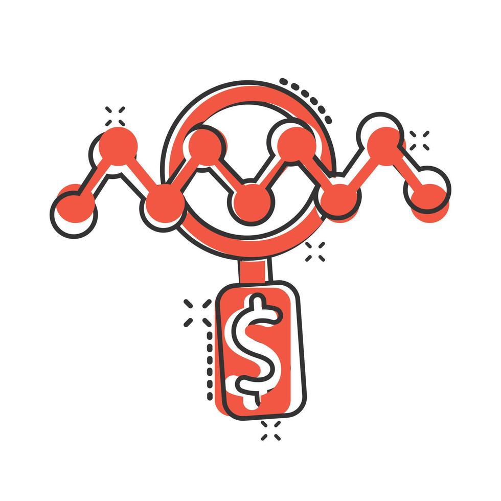 Magnifier glass with money icon in comic style. Dollar search cartoon vector illustration on white isolated background. Financial currency splash effect business concept.