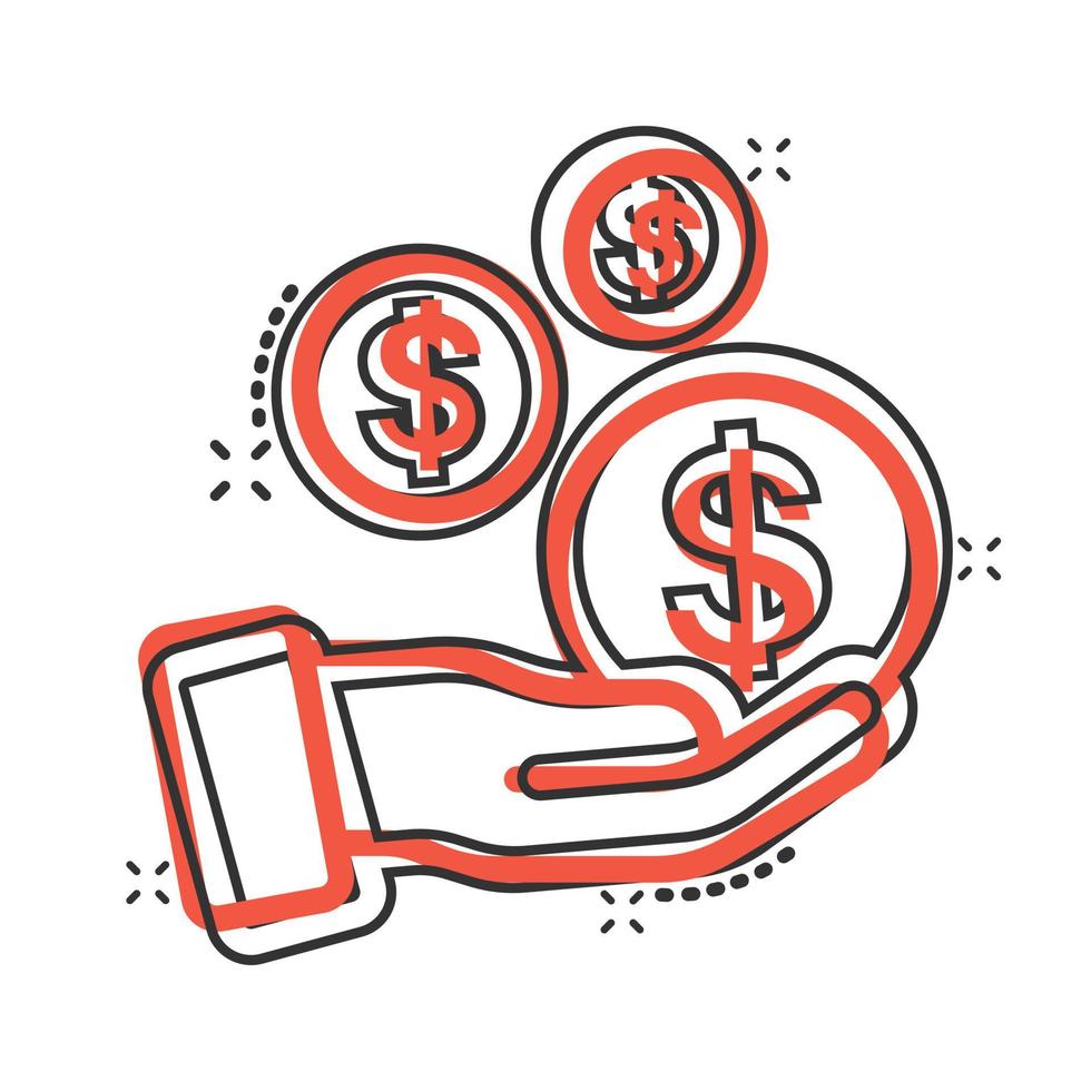Remuneration icon in comic style. Money in hand cartoon vector illustration on white isolated background. Coin payroll splash effect business concept.