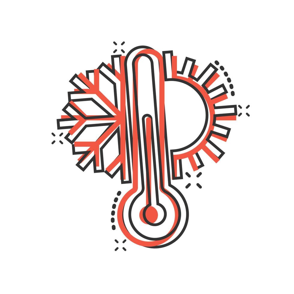 icono de control climático del termómetro en estilo cómico. Ilustración de vector de dibujos animados de equilibrio meteorológico sobre fondo blanco aislado. concepto de negocio de efecto de salpicadura de temperatura fría y caliente.