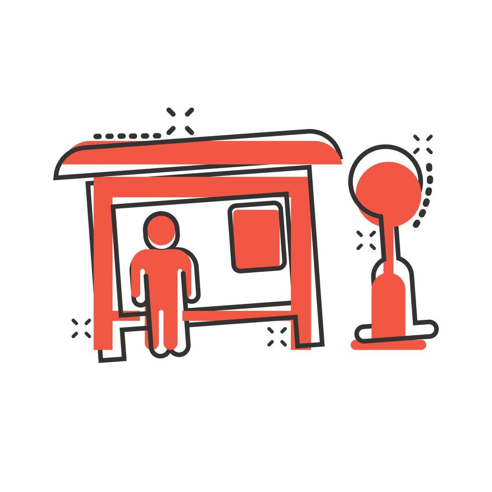 Bus station icon in comic style. Auto stop cartoon vector illustration on white isolated background. Autobus vehicle splash effect business concept.