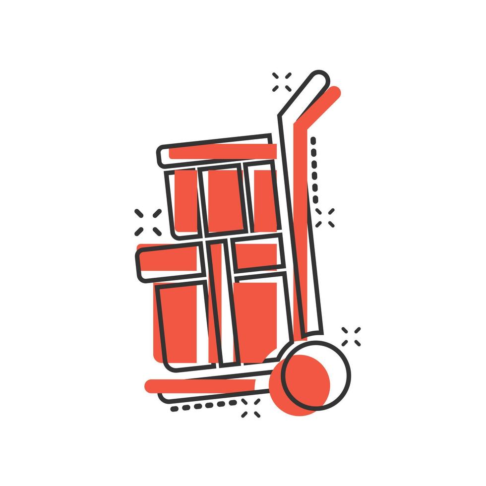 Cargo trolley icon in comic style. Delivery box cartoon vector illustration on white isolated background. Box shipping splash effect business concept.