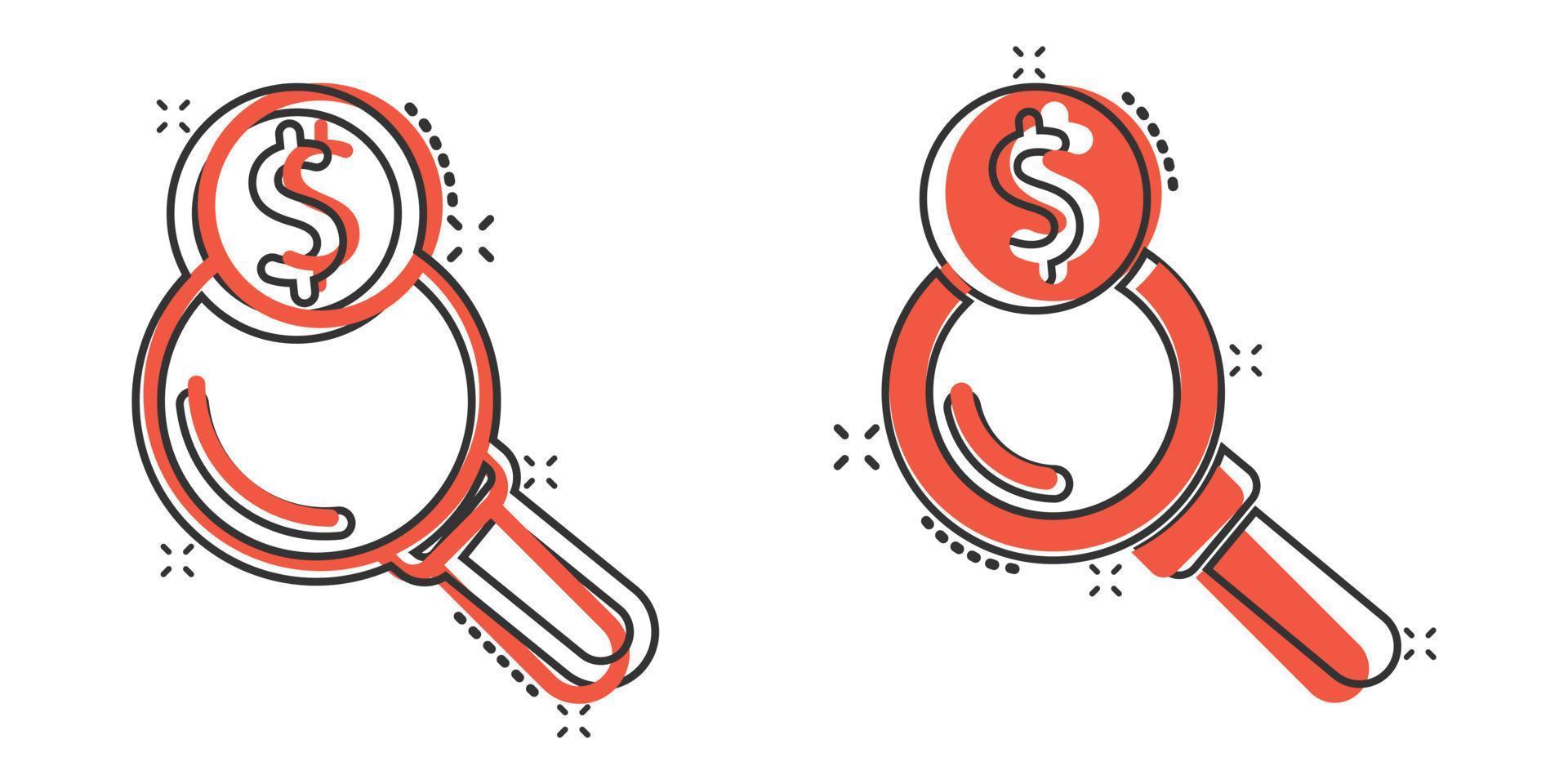 Magnifier glass with money icon in comic style. Dollar search cartoon vector illustration on white isolated background. Financial currency splash effect business concept.