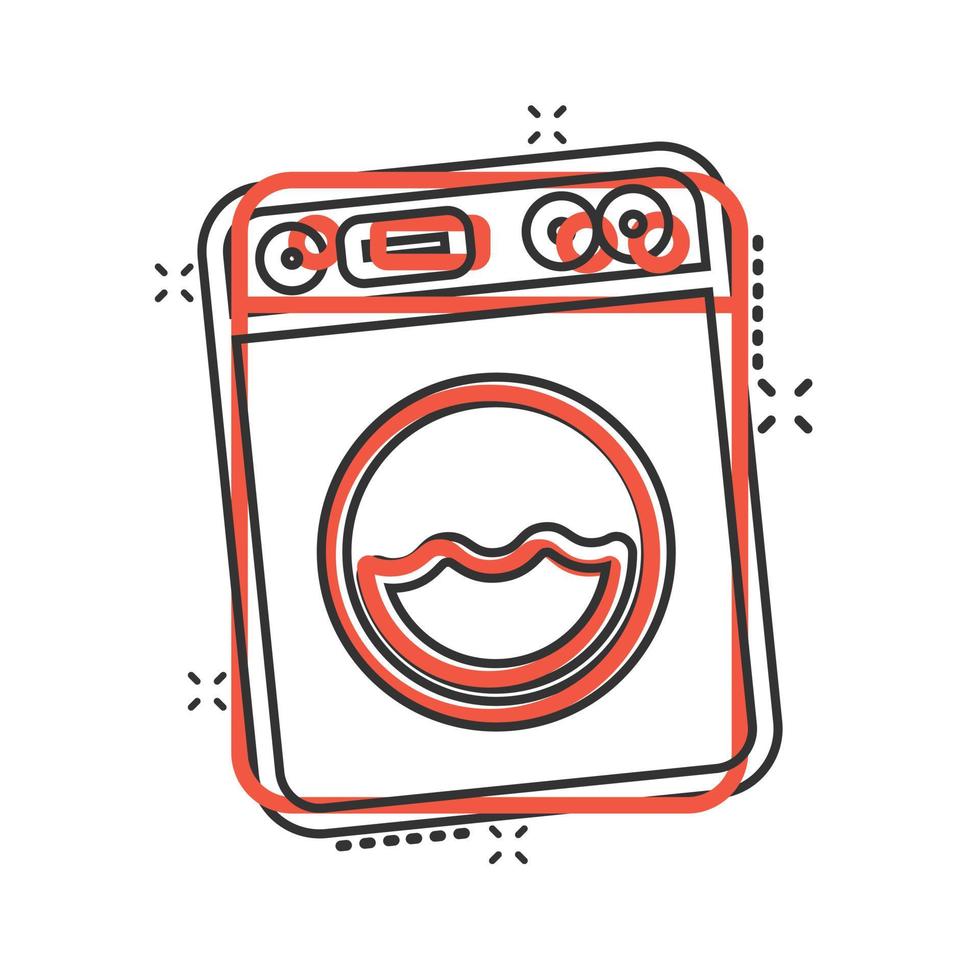 Washing machine icon in comic style. Washer cartoon vector illustration on white isolated background. Laundry splash effect business concept.