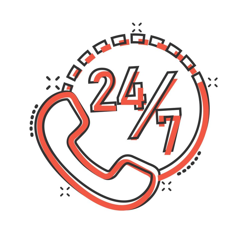 Phone service 24 7 icon in comic style. Telephone talk cartoon vector illustration on white isolated background. Hotline contact splash effect business concept.