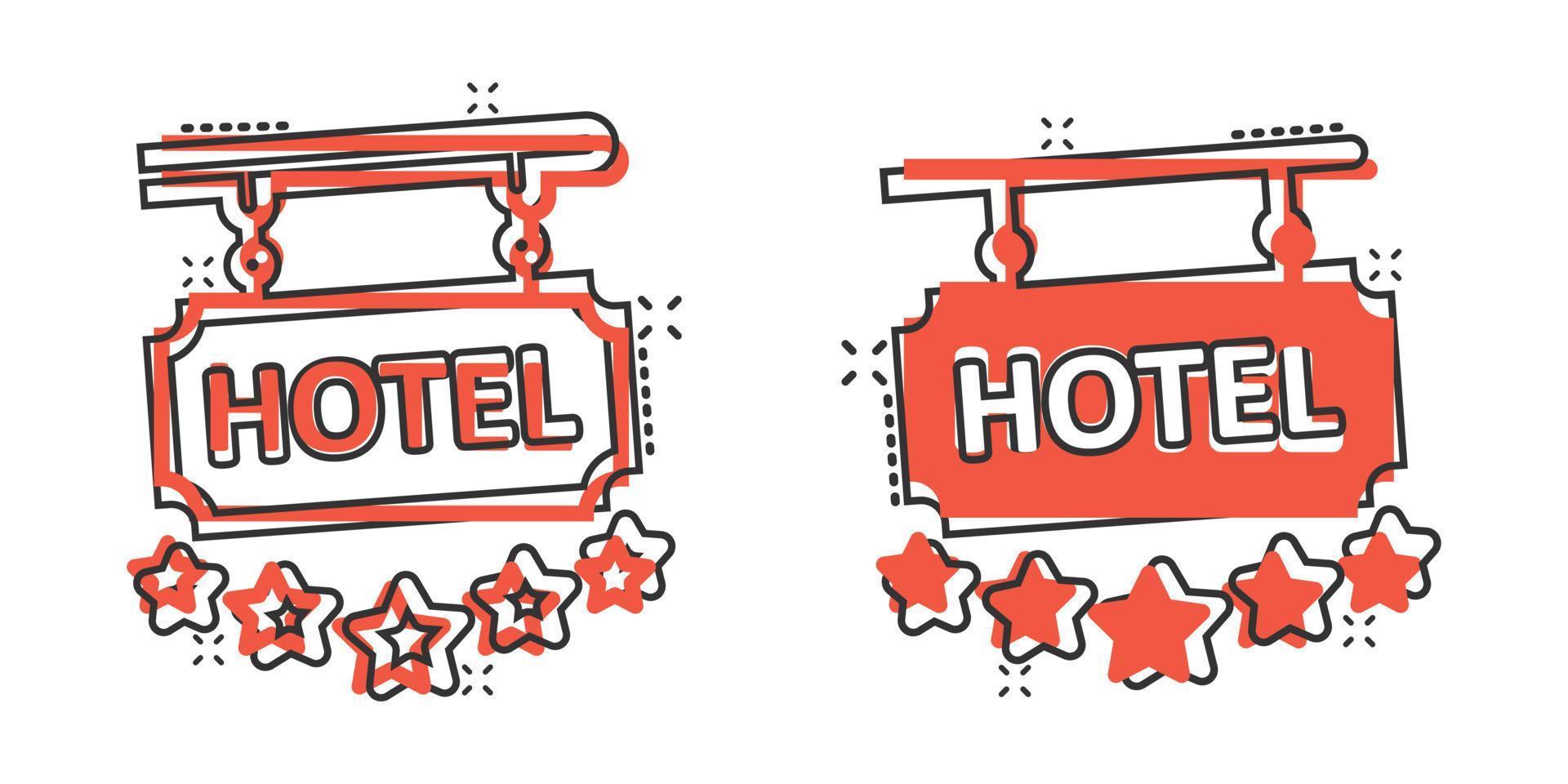 Hotel 5 stars sign icon in comic style. Inn cartoon vector illustration on white isolated background. Hostel room information splash effect business concept.