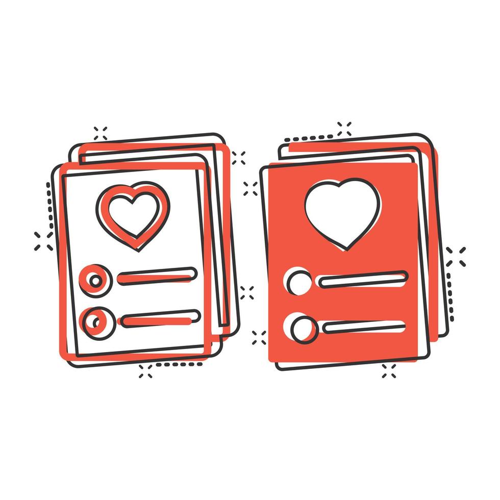 Wishlist icon in comic style. Like document cartoon vector illustration on white isolated background. Favorite list splash effect business concept.
