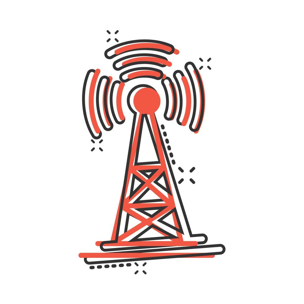 Antenna tower icon in comic style. Broadcasting cartoon vector illustration on white isolated background. Wifi splash effect business concept.