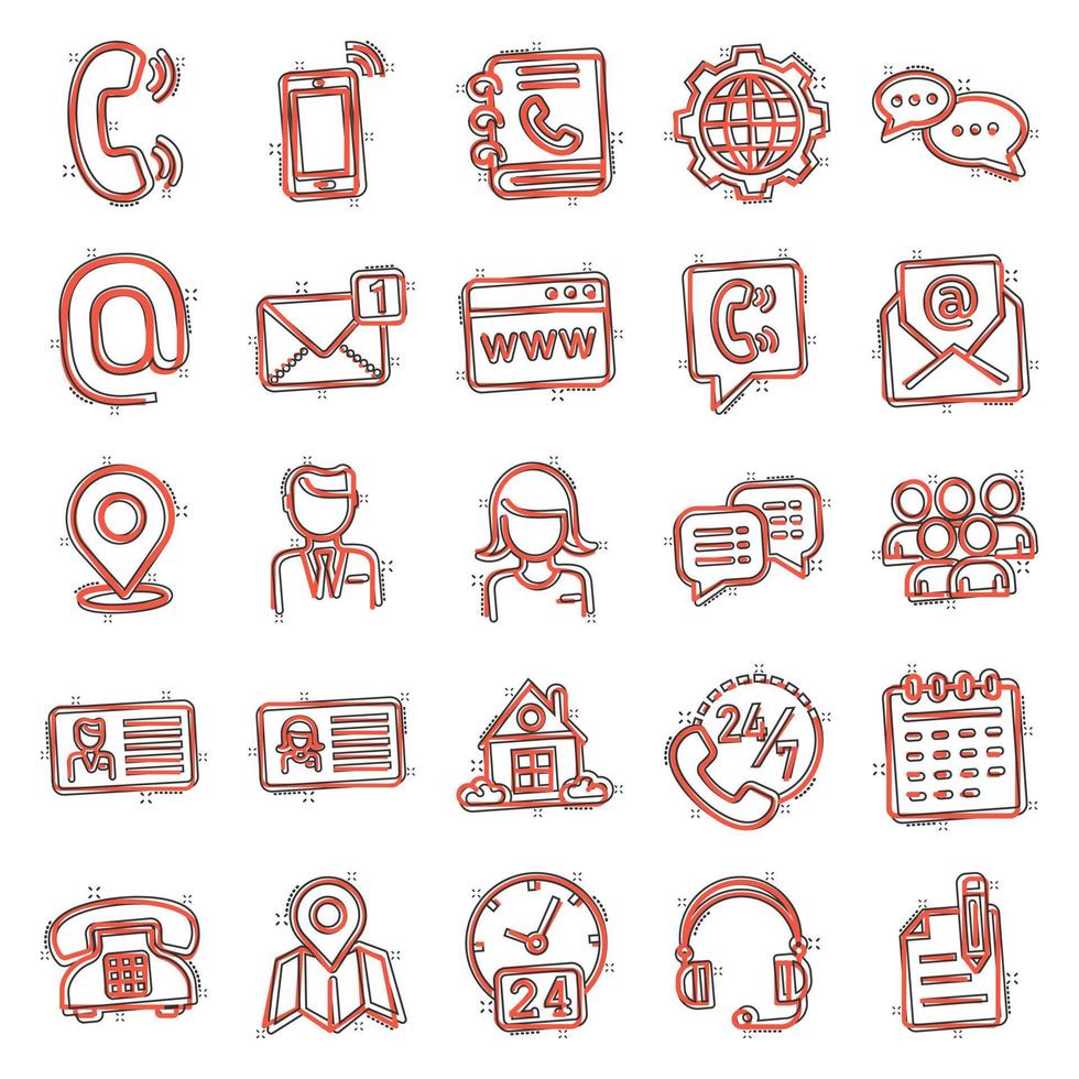 Contact icon set in comic style. Phone communication cartoon vector illustration on white isolated background. Website equipment splash effect business concept.