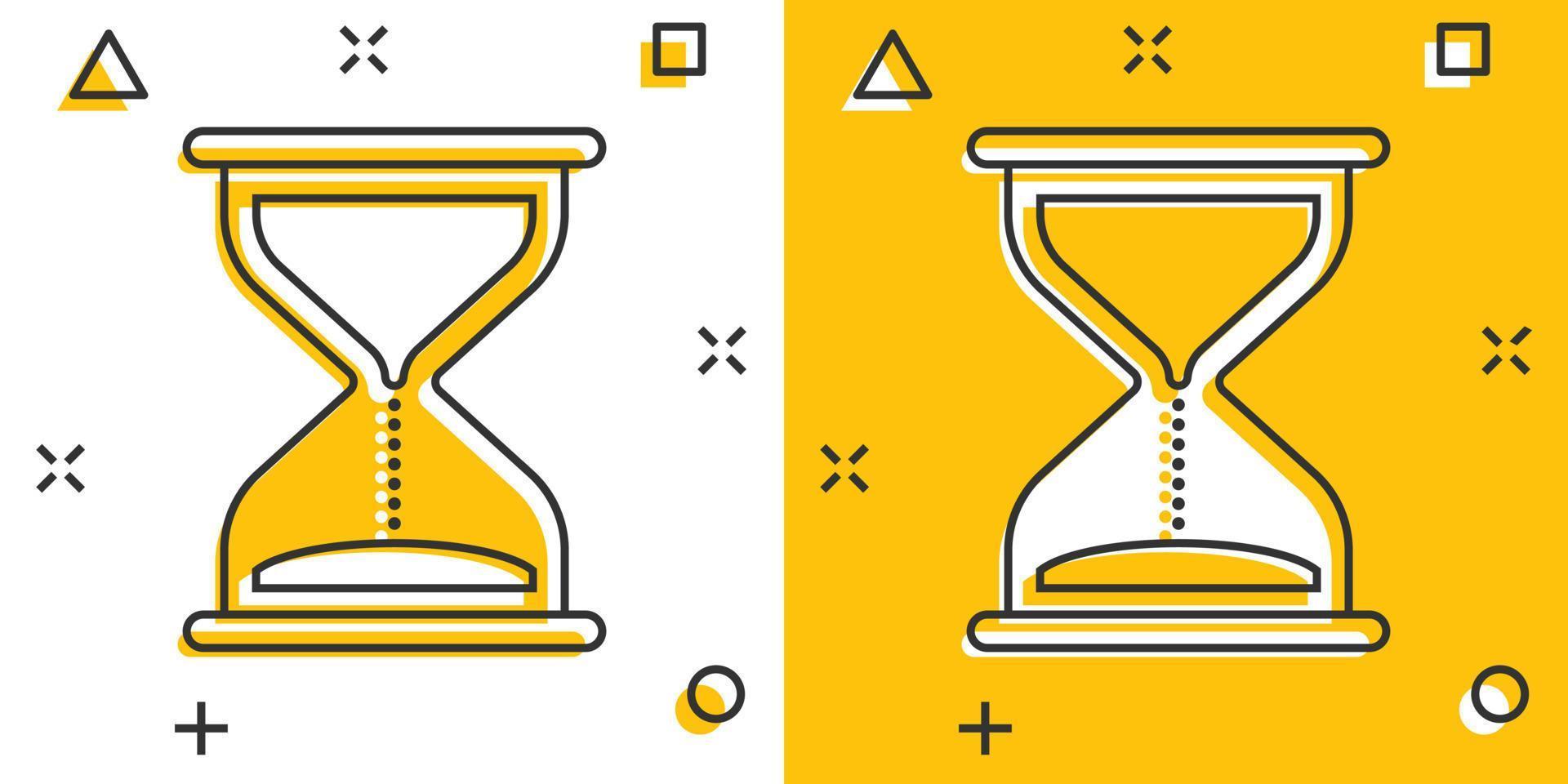 Hourglass icon in comic style. Sandglass cartoon vector illustration on white isolated background. Clock splash effect business concept.
