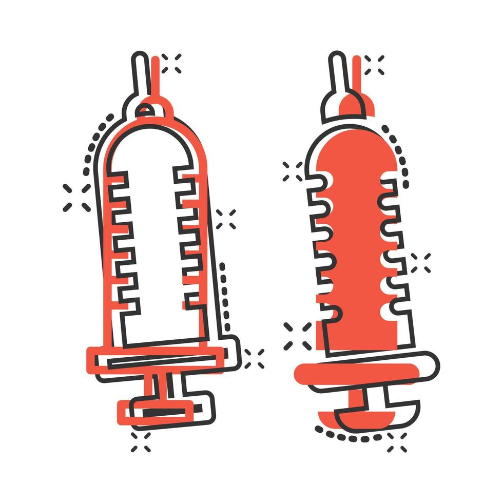 icono de jeringa en estilo cómico. Inyectar ilustración de vector de dibujos animados de aguja sobre fondo blanco aislado. concepto de negocio de efecto de salpicadura de dosis de droga.