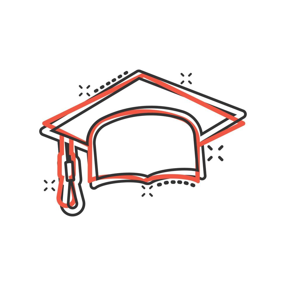 Graduation hat icon in comic style. Student cap cartoon vector illustration on white isolated background. University splash effect business concept.