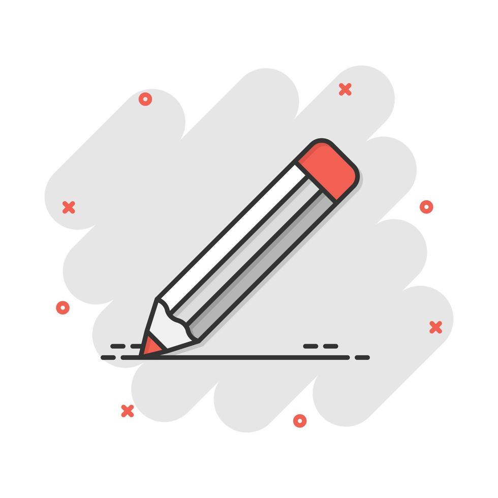 Pencil with rubber eraser icon in comic style. Highlighter vector cartoon illustration pictogram. Pencil business concept splash effect.