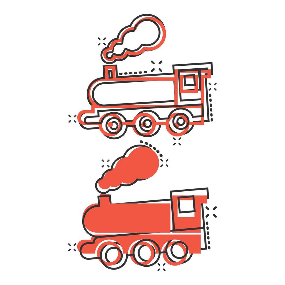 Metro icon in comic style. Train subway cartoon vector illustration on white isolated background. Railroad cargo splash effect business concept.