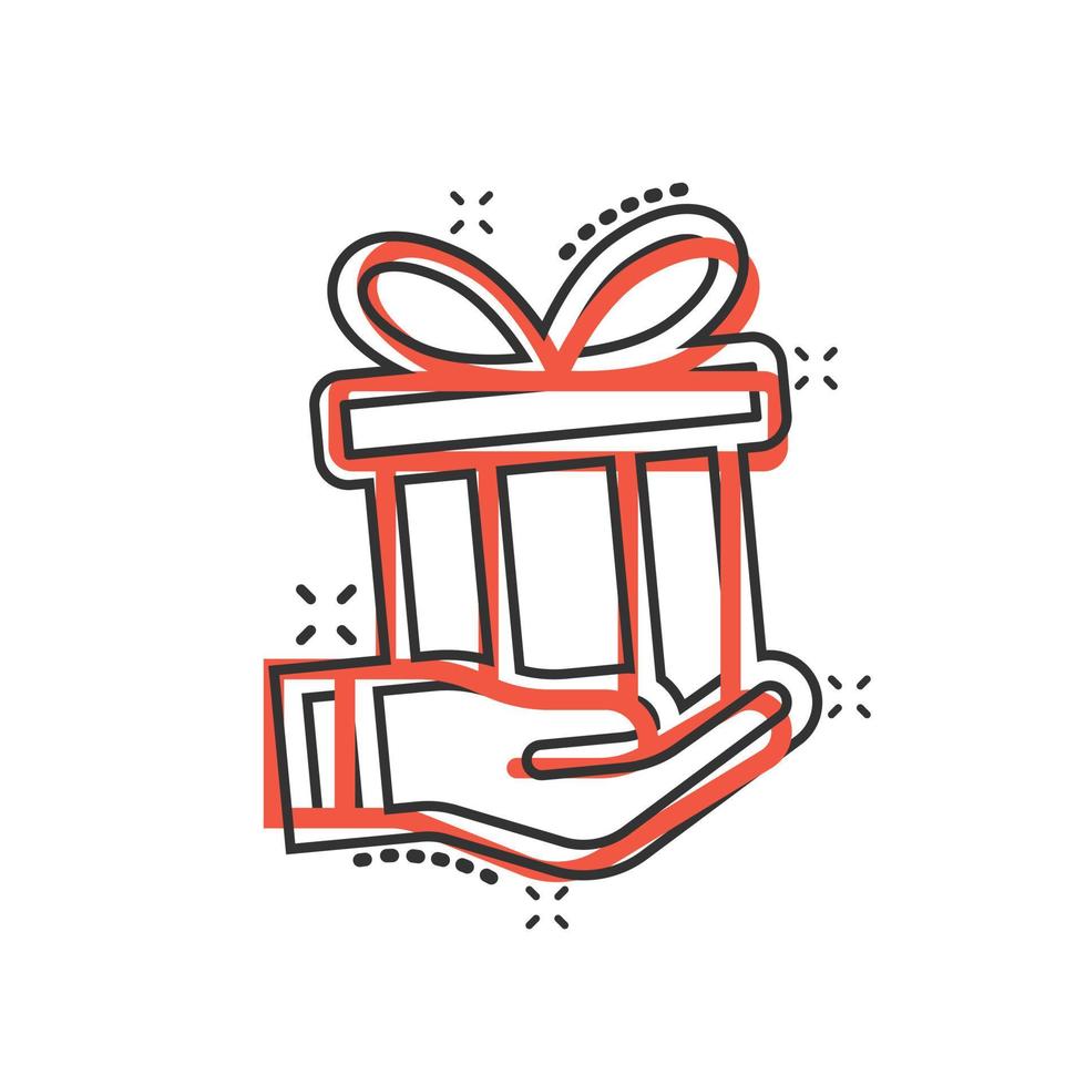 Gift box icon in comic style. Present on hand cartoon vector illustration on white isolated background. Surprise splash effect business concept.