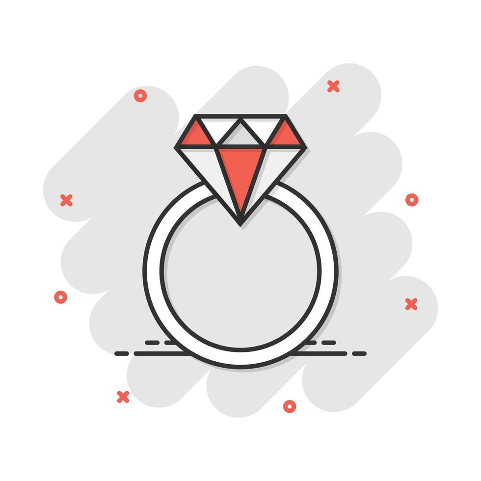 anillo de compromiso de dibujos animados vectoriales con icono de diamante en estilo cómico. pictograma de ilustración de anillo de joyería de boda. concepto de efecto de salpicadura de negocio de relación romántica. vector