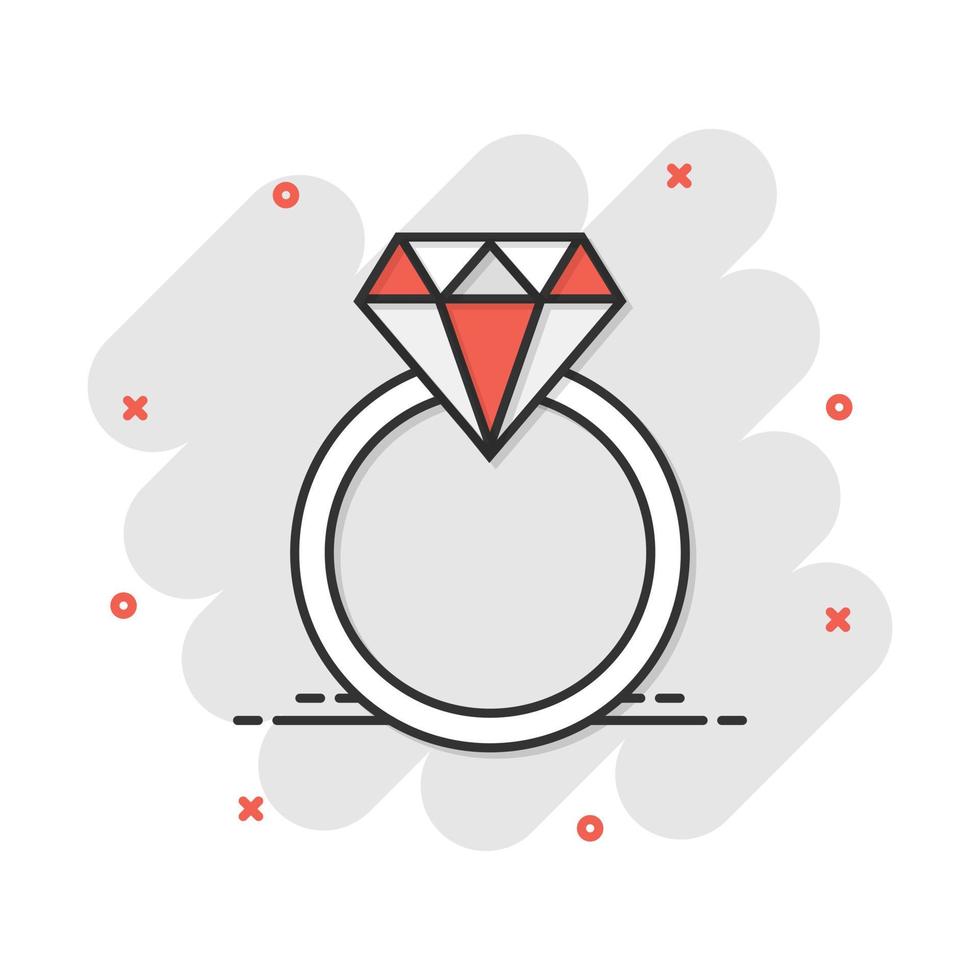 Vector cartoon engagement ring with diamond icon in comic style. Wedding jewelery ring illustration pictogram. Romance relationship business splash effect concept.