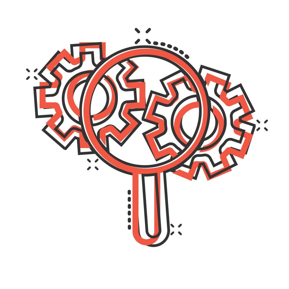 Loupe with gear icon in comic style. Magnifying glass cartoon vector illustration on white isolated background. Seo exploration splash effect business concept.