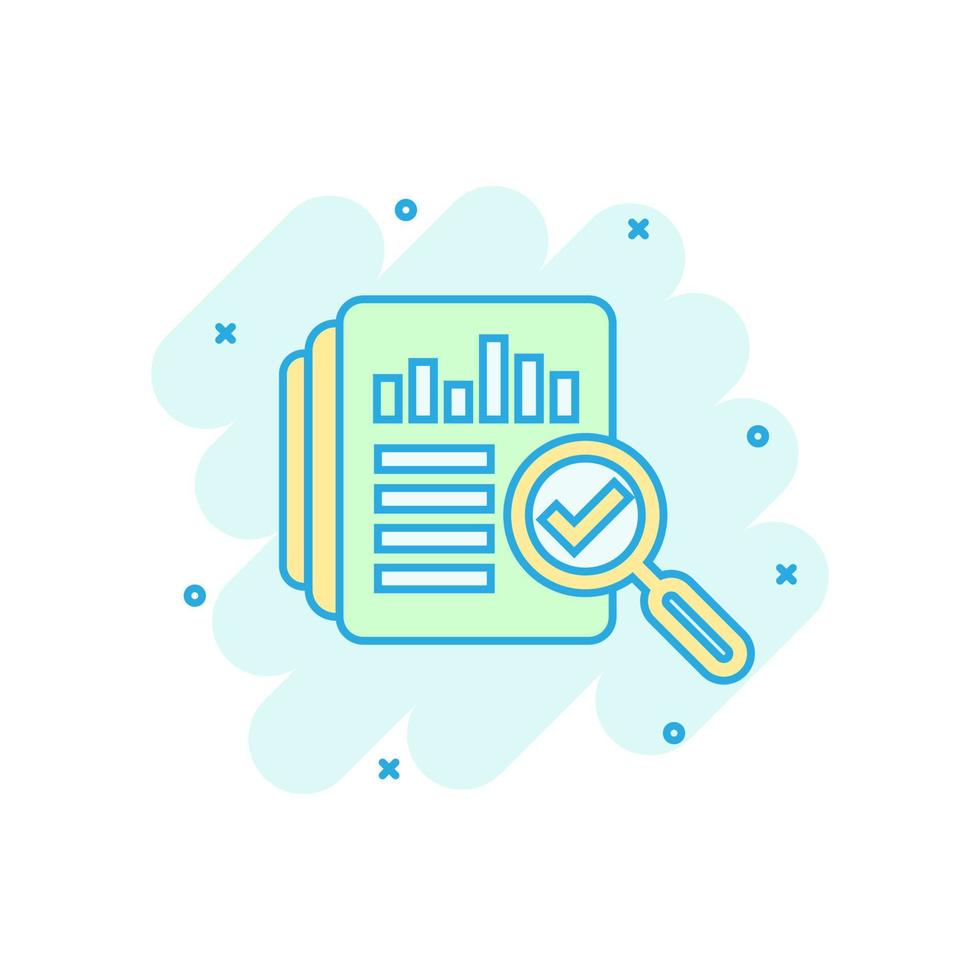 Audit document icon in comic style. Result report vector cartoon illustration on white isolated background. Verification control business concept splash effect.