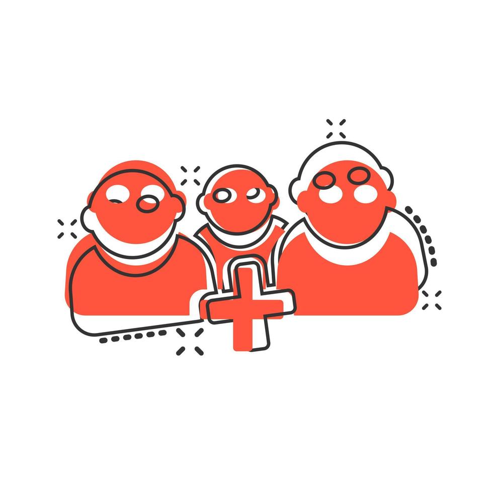 People communication user profile icon in comic style. People with plus sign vector cartoon illustration pictogram. Partnership business concept splash effect.