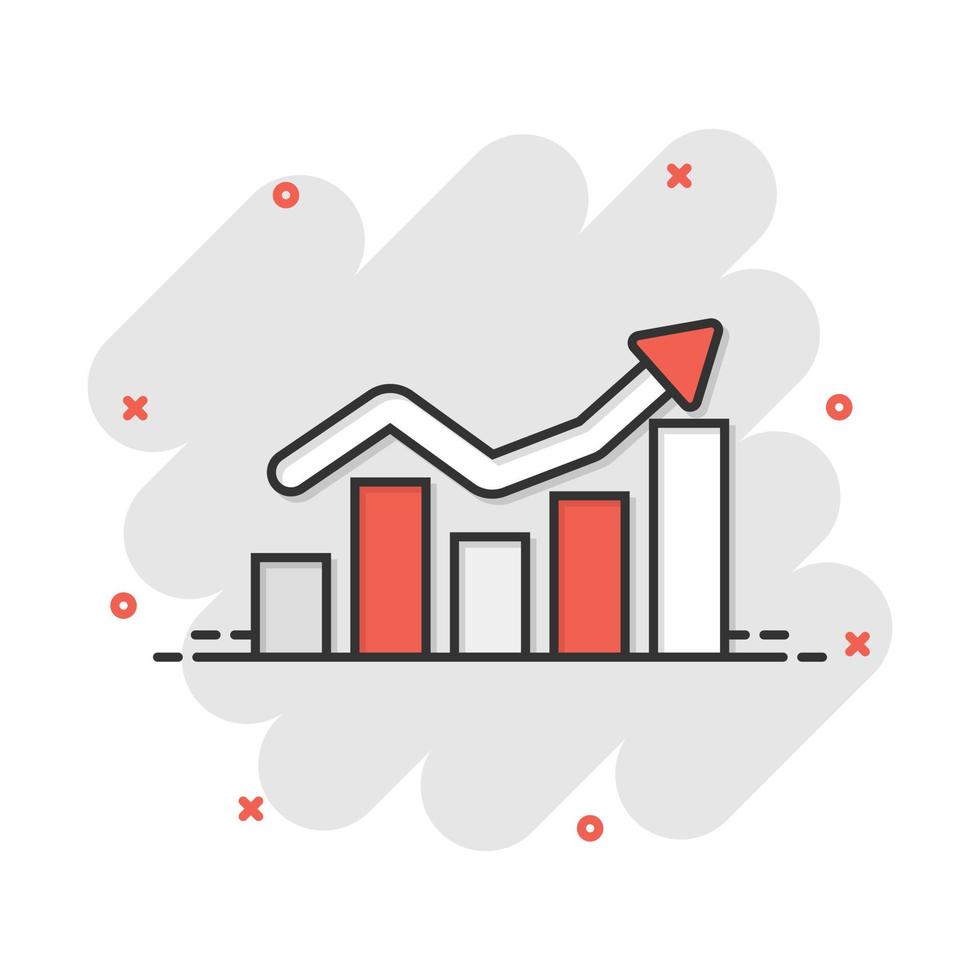 Growing bar graph icon in comic style. Increase arrow vector cartoon illustration pictogram. Infographic progress business concept splash effect.