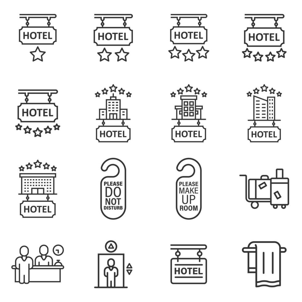 Hotel icon set in flat style. Booking vector illustration on white isolated background. Vacation reservation business concept.