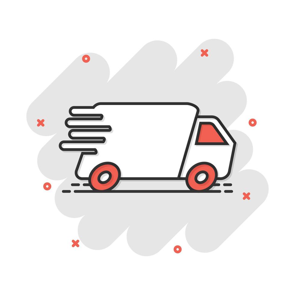 Vector cartoon truck, car icon in comic style. Fast delivery service shipping sign illustration pictogram. Car van business splash effect concept.