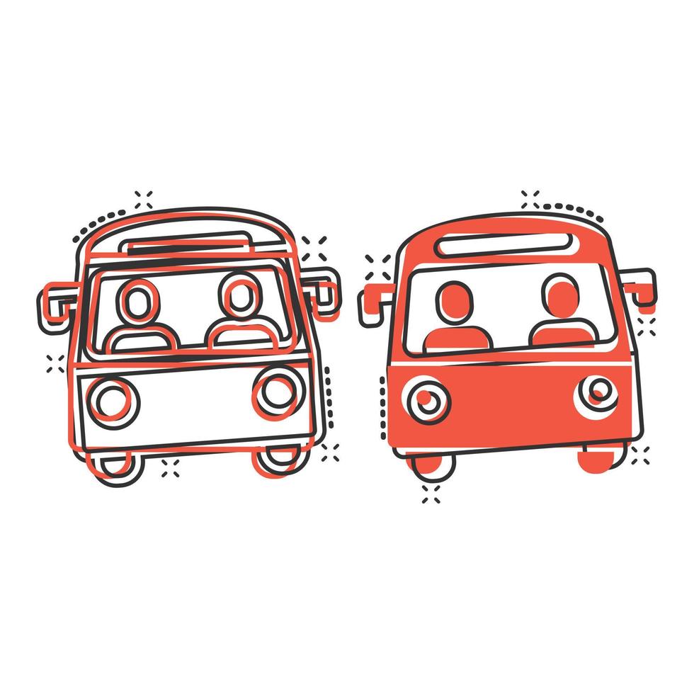 icono de autobús en estilo cómico. ilustración de vector de dibujos animados de entrenador sobre fondo blanco aislado. concepto de negocio de efecto de salpicadura de vehículo autobus.