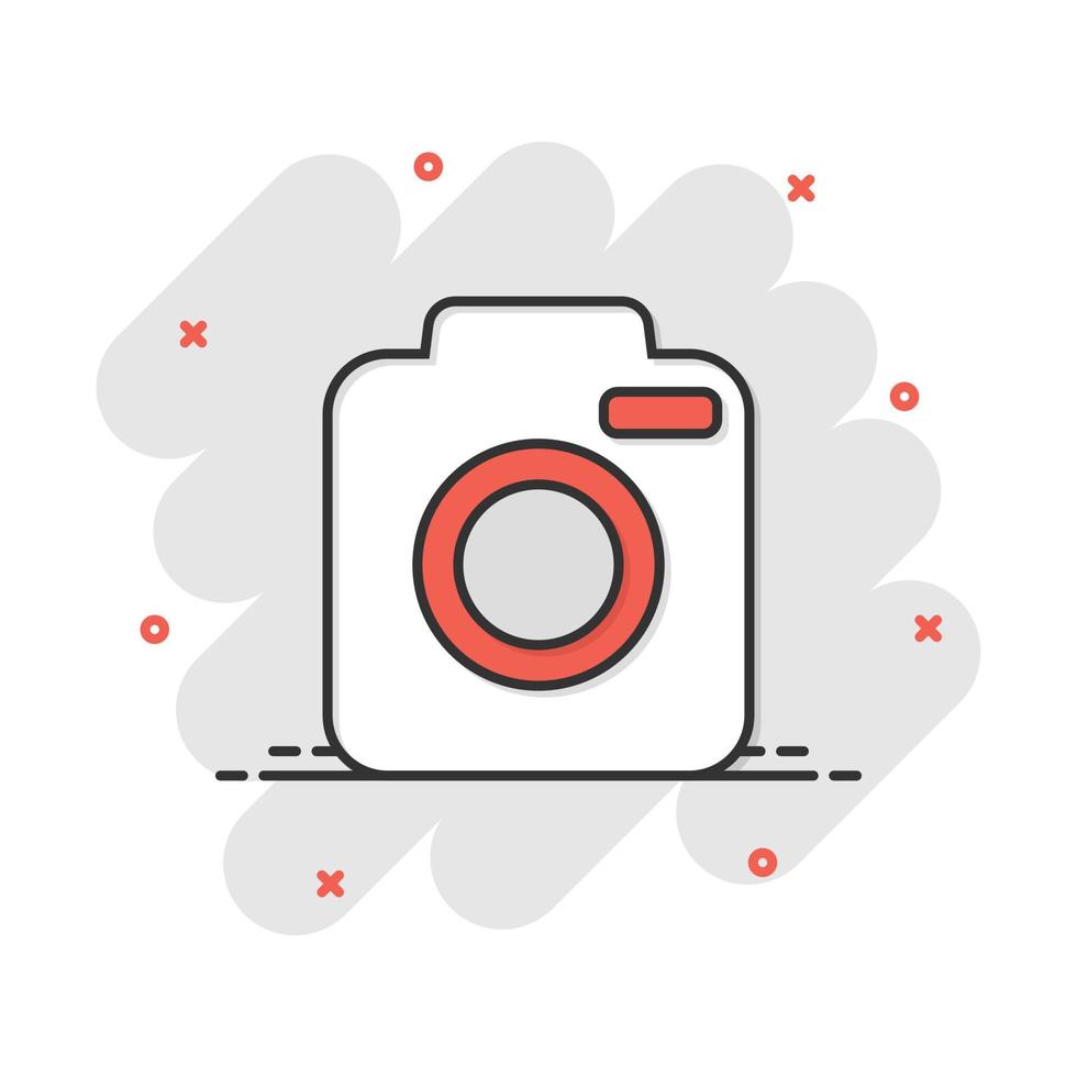 Vector cartoon photo camera icon in comic style. Photographer cam sign illustration pictogram. Camera business splash effect concept.