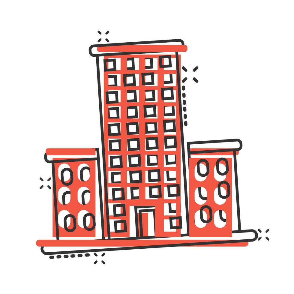 Building icon in comic style. Town skyscraper apartment cartoon vector illustration on white isolated background. City tower splash effect business concept.