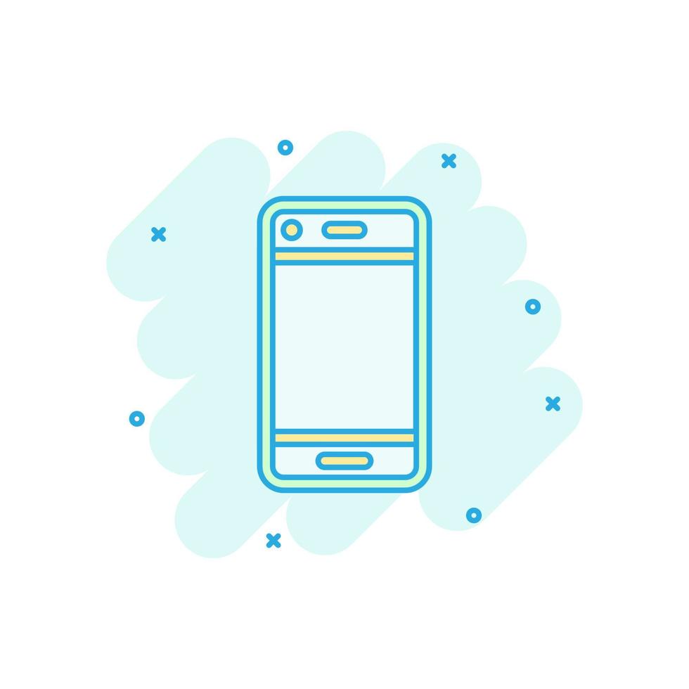 icono de signo de dispositivo de teléfono en estilo cómico. ilustración de dibujos animados de vector de teléfono inteligente sobre fondo blanco aislado. efecto de salpicadura del concepto de negocio telefónico.