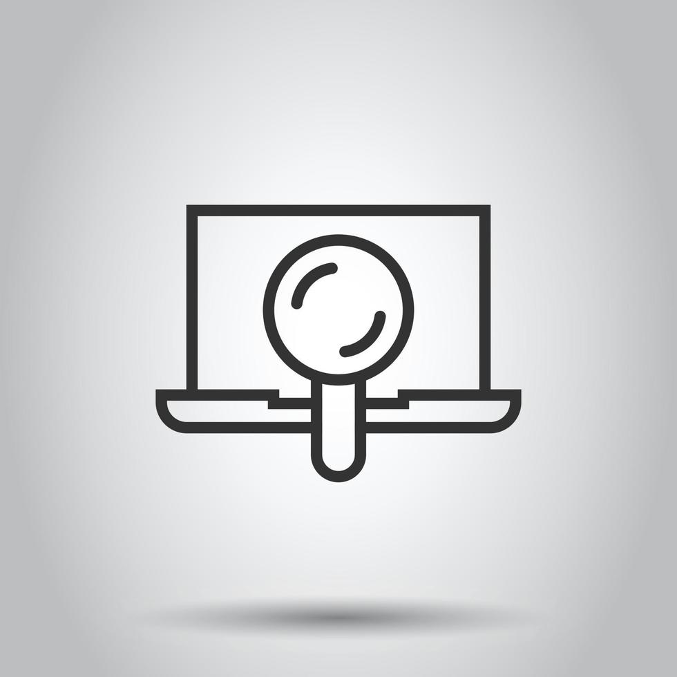 Computer search icon in flat style. Laptop with magnifying glass vector illustration on white isolated background. Device display business concept.