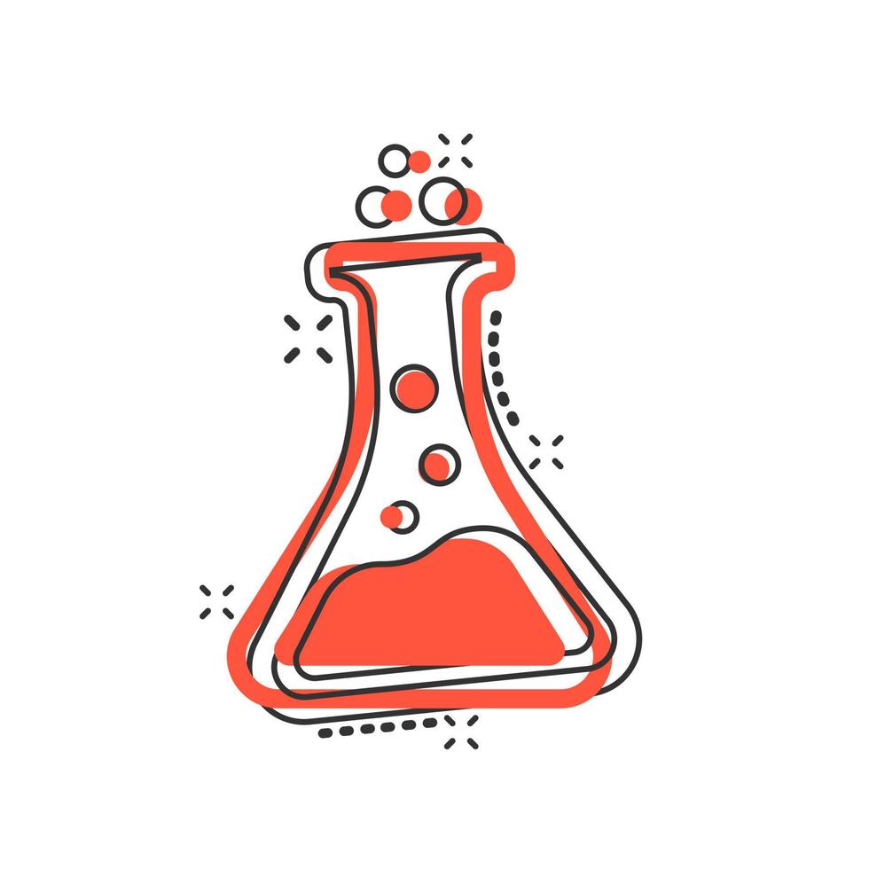 Chemistry beakers sign icon in comic style. Flask test tube vector cartoon illustration on white isolated background. Alchemy business concept splash effect.