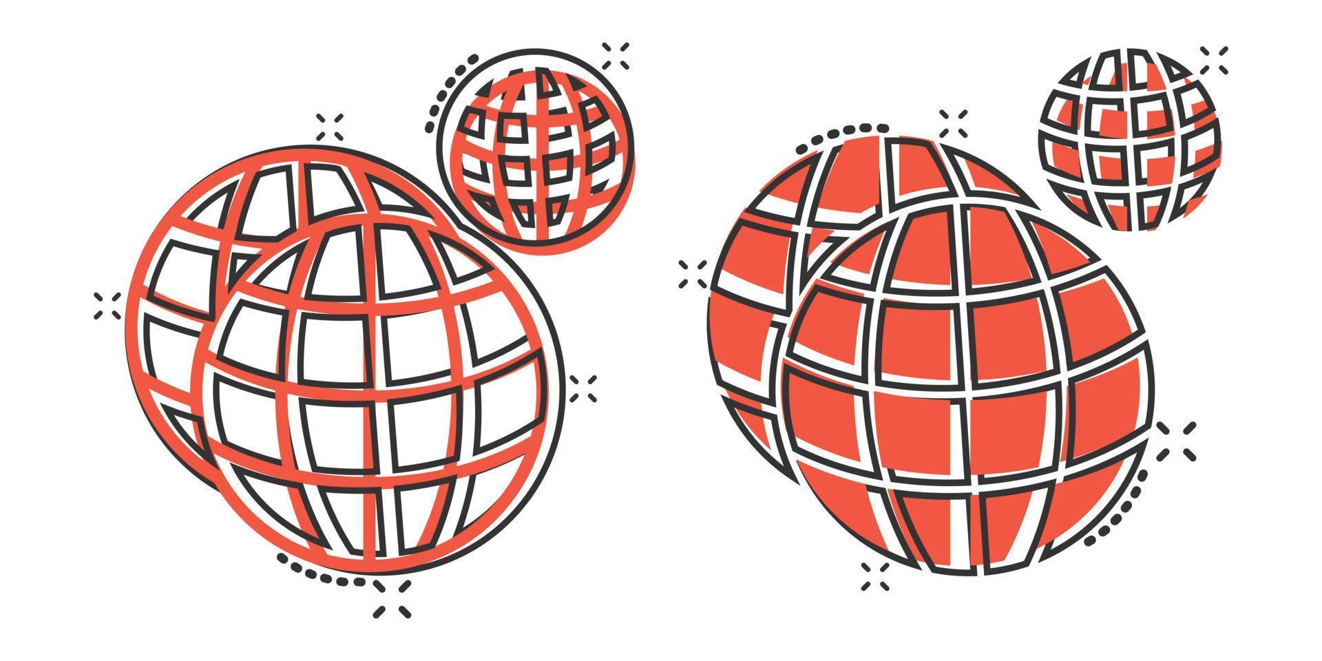 icono del planeta tierra en estilo cómico. ilustración de vector de dibujos animados geográficos de globo sobre fondo blanco aislado. concepto de negocio de efecto de salpicadura de comunicación global.