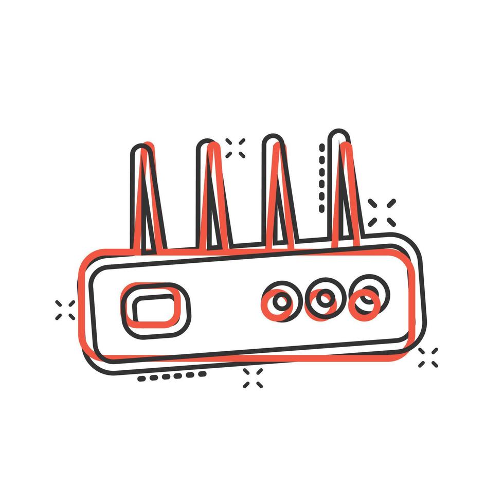 icono de enrutador wifi en estilo cómico. ilustración vectorial de dibujos animados de banda ancha sobre fondo blanco aislado. concepto de negocio de efecto de salpicadura de conexión a Internet. vector