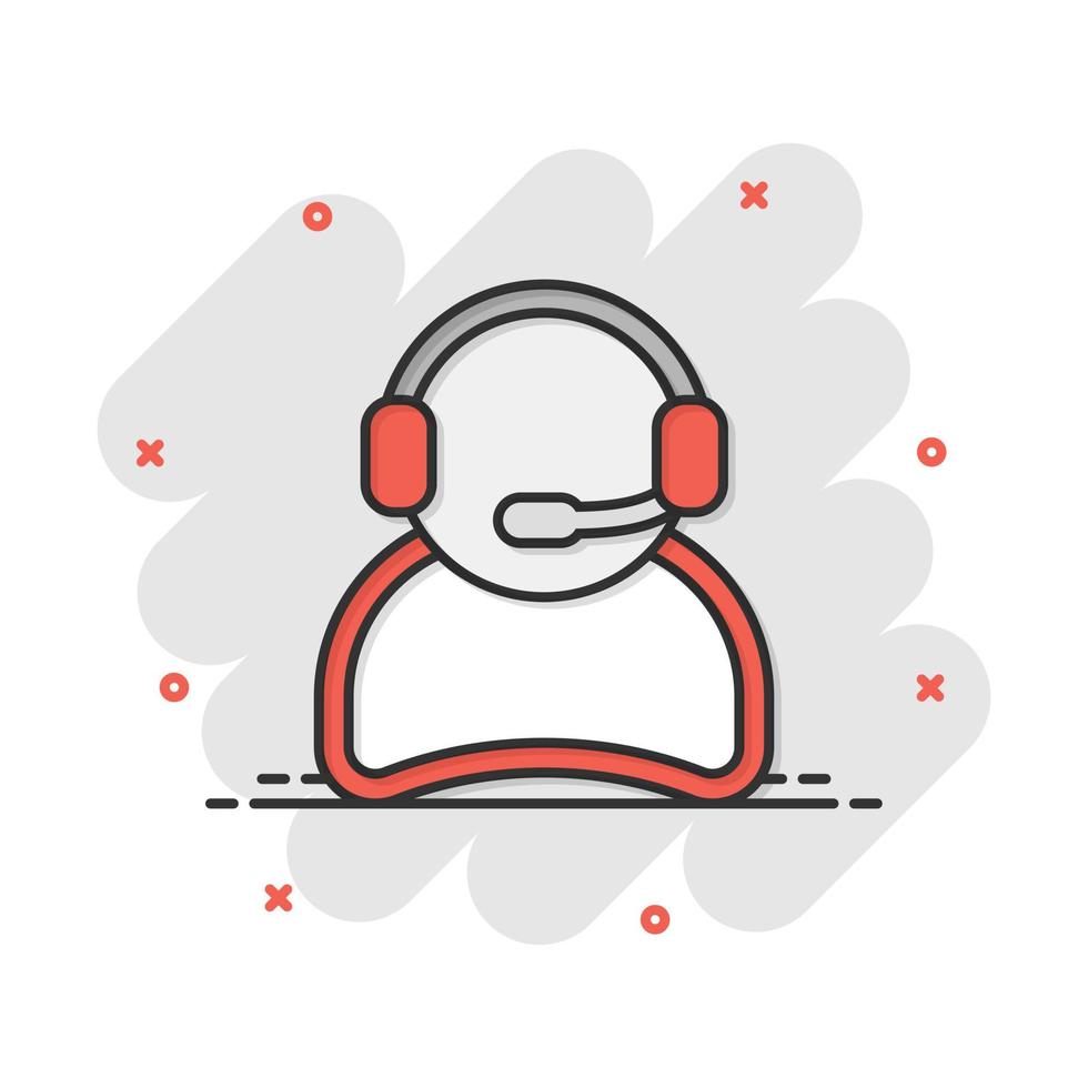 Vector cartoon operator with microphone icon in comic style. Operator in call center sign illustration pictogram. People business splash effect concept.