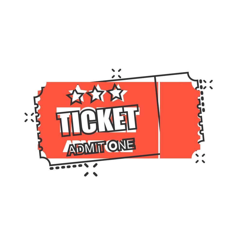 Cinema ticket icon in comic style. Admit one coupon entrance vector cartoon illustration pictogram splash effect.