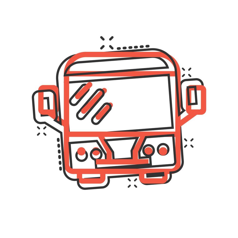 Bus icon in comic style. Coach cartoon vector illustration on white isolated background. Autobus vehicle splash effect business concept.