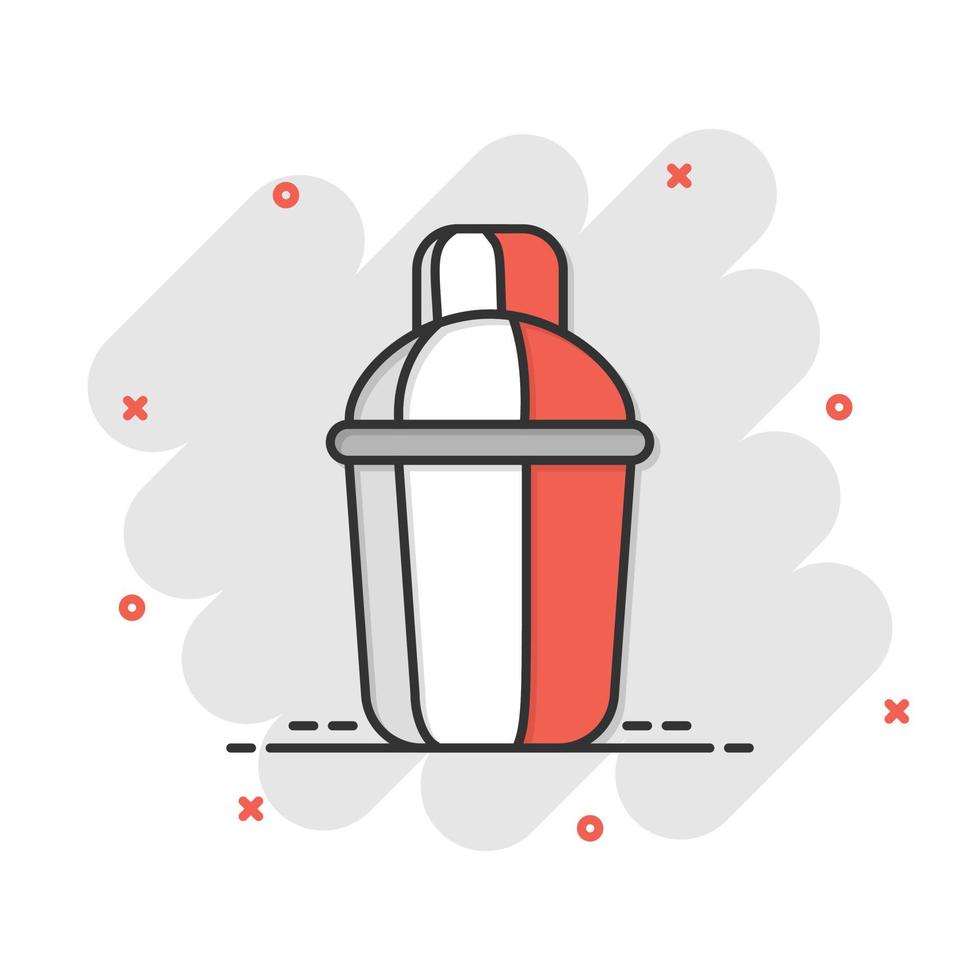 Shaker icon in comic style. Sport bottle vector cartoon illustration on white isolated background. Fitness container business concept splash effect.