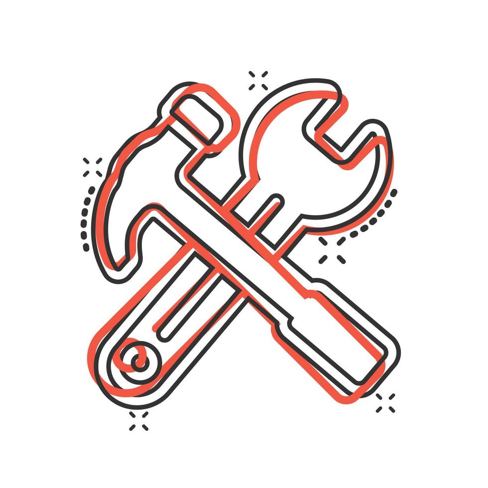 Wrench and screwdriver icon in comic style. Spanner key cartoon vector illustration on white isolated background. Repair equipment splash effect business concept.