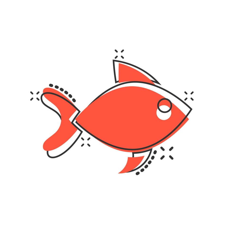 Fish sign icon in comic style. Goldfish vector cartoon illustration on white isolated background. Seafood business concept splash effect.