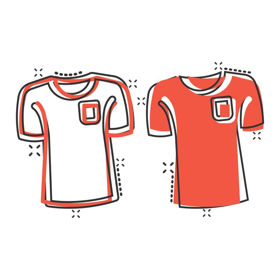 icono de camiseta en estilo cómico. ilustración de vector de dibujos animados de ropa casual sobre fondo blanco aislado. concepto de negocio de efecto de salpicadura de ropa de polo.