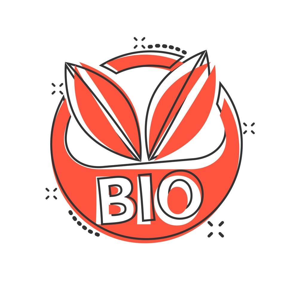 Vector cartoon bio label badge icon in comic style. Eco organic product stamp concept illustration pictogram. Eco natural food business splash effect concept.