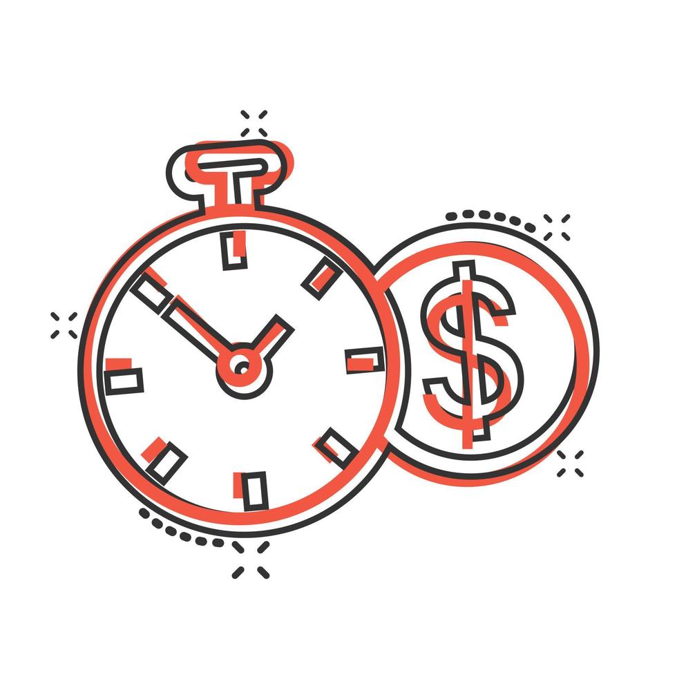 el tiempo es icono de dinero en estilo cómico. reloj con ilustración de vector de dibujos animados de dólar sobre fondo blanco aislado. concepto de negocio de efecto de salpicadura de moneda.