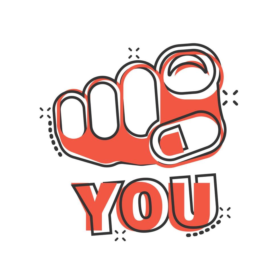 Finger point icon in comic style. Hand gesture cartoon vector illustration on white isolated background. You forward splash effect business concept.